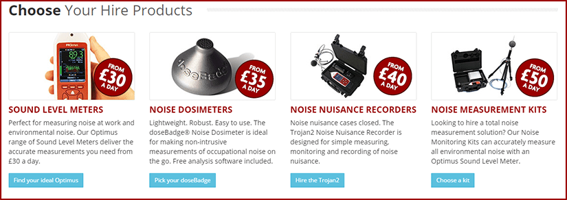 Screenshot from Noise Hire website show noise measurement instruments for hire