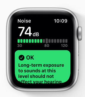An screenshot of the noise app on the new new Apple Watch operating system, WatchOS 6. The display shows a noise level of 74 decibels in green, with a message underneath which reads "OK. Long-term exposure to sounds at this level should not affect your hearing".