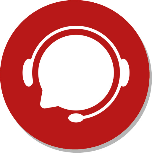 An icon showing a white message bubble surrounded by a telephone headset to represent technical support.
